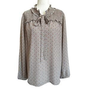 Pleione Brown Printed Lined Tie Bow Blouse Women's Top Size Medium | 26-21